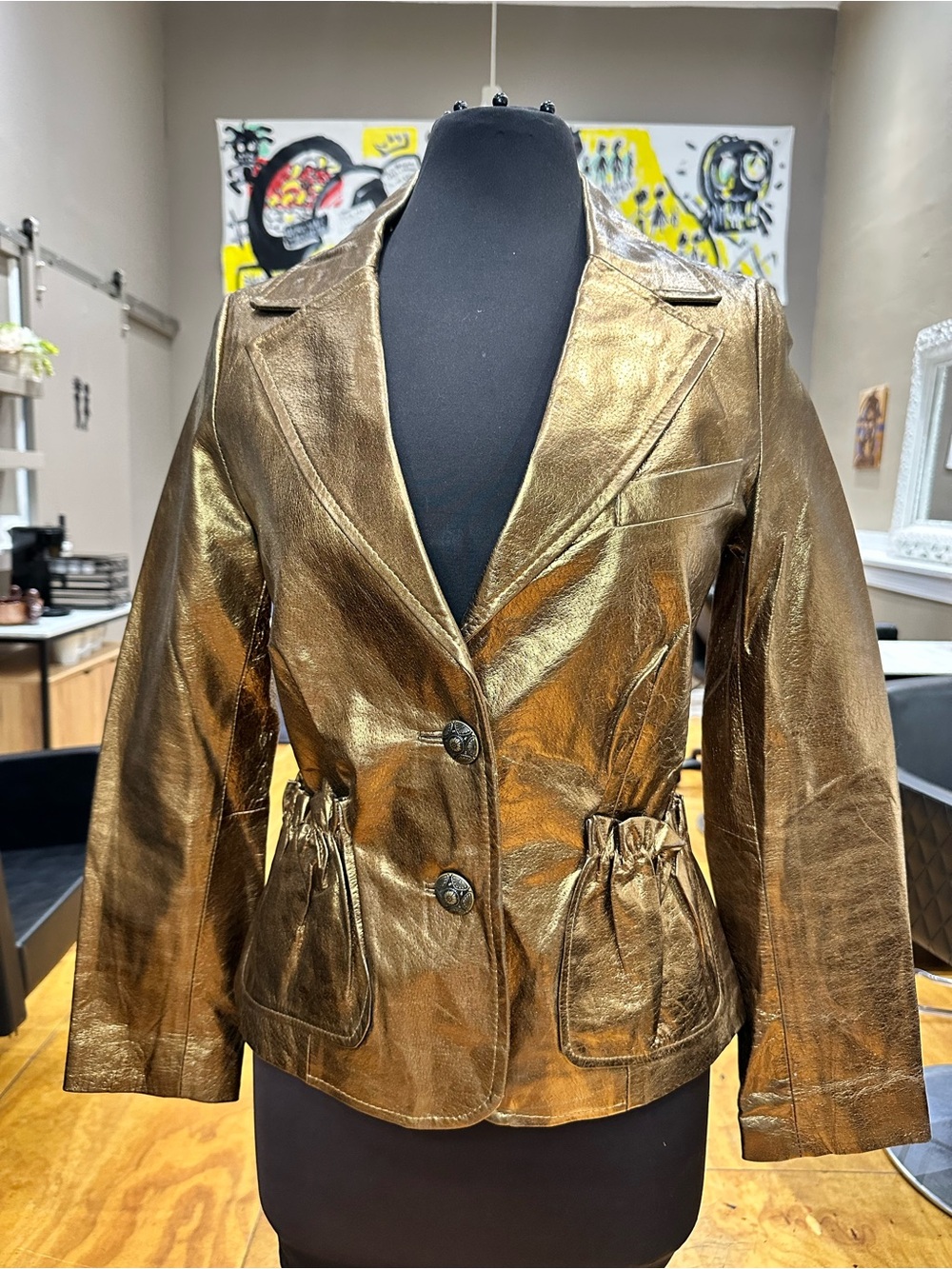 Wendy Hil Leather Metallic Gold Blazer Jacket